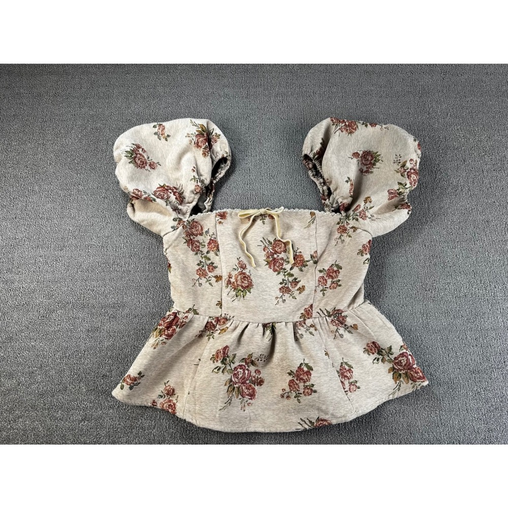 Sofie the Label Floral Tapestry Peplum Top Large Beige Puff Sleeve Cottagecore